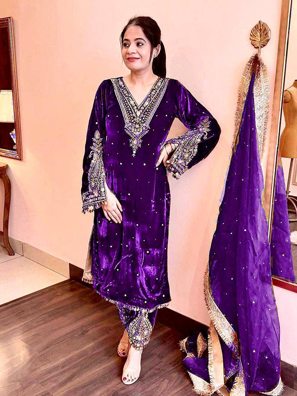 Purple Sequence Work Viscose Velvet Kurti Plazzo With Dupatta