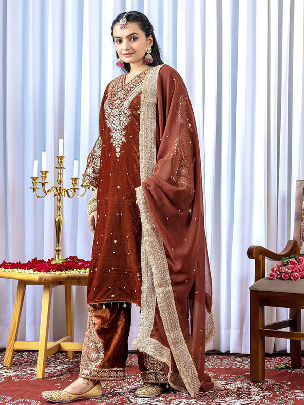 Rust Orange Sequence Work Viscose Velvet Kurti Plazzo With Dupatta