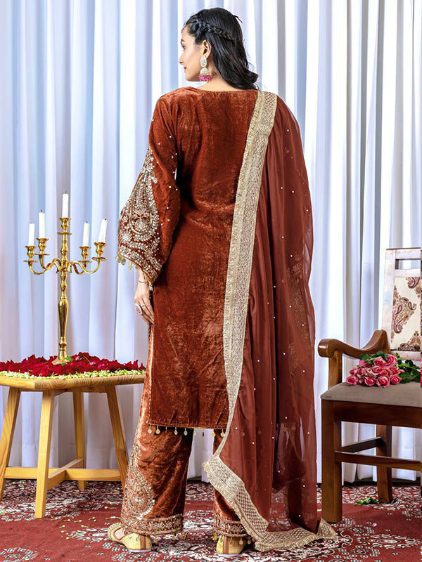 Rust Orange Sequence Work Viscose Velvet Kurti Plazzo With Dupatta