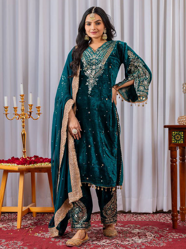 Teal Blue Sequence Work Viscose Velvet Kurti Plazzo With Dupatta