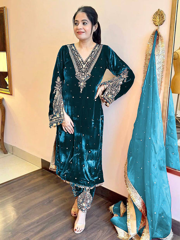Teal Blue Sequence Work Viscose Velvet Kurti Plazzo With Dupatta