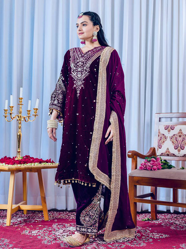 Wine Sequence Work Viscose Velvet Kurti Plazzo With Dupatta