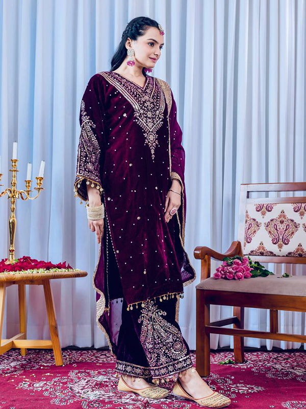 Wine Sequence Work Viscose Velvet Kurti Plazzo With Dupatta