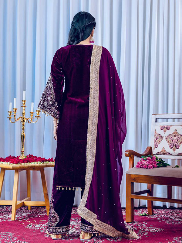 Wine Sequence Work Viscose Velvet Kurti Plazzo With Dupatta