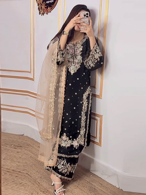 Black Embroidery Sequence Work Jimmy Choo Kurti Plazzo With Dupatta
