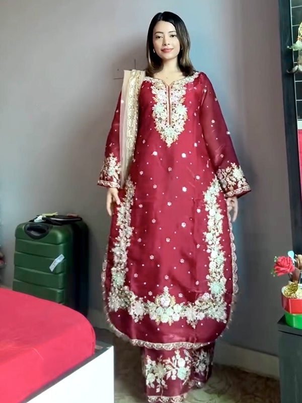Maroon Embroidery Sequence Work Jimmy Choo Kurti Plazzo With Dupatta