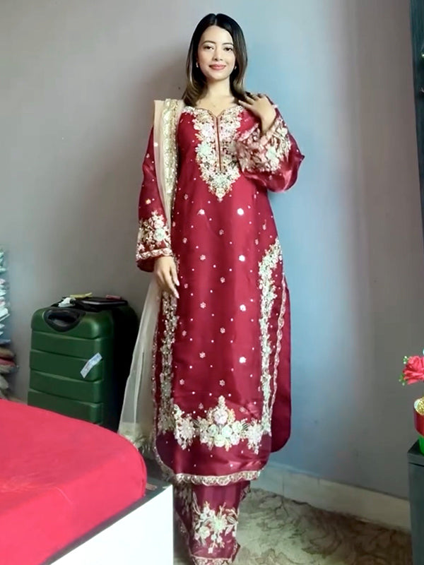 Maroon Embroidery Sequence Work Jimmy Choo Kurti Plazzo With Dupatta