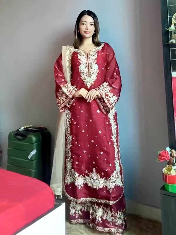 Maroon Embroidery Sequence Work Jimmy Choo Kurti Plazzo With Dupatta