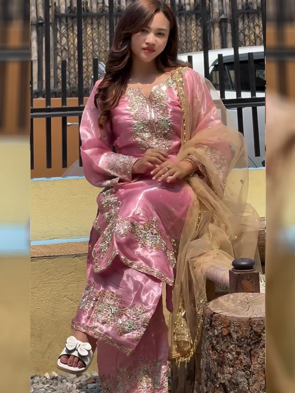 Pink Embroidery Sequence Work Jimmy Choo Kurti Plazzo With Dupatta