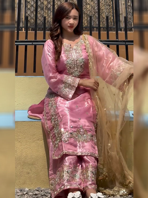 Pink Embroidery Sequence Work Jimmy Choo Kurti Plazzo With Dupatta