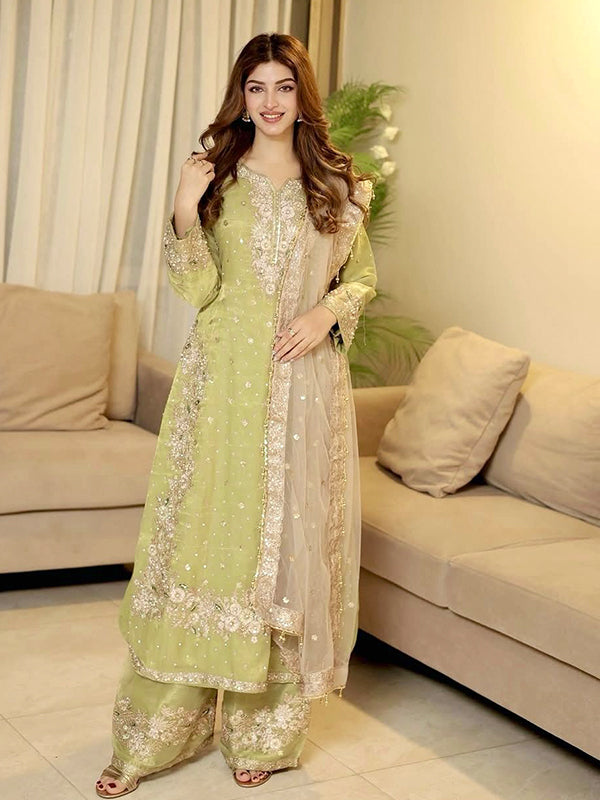 Pista Green Embroidery Sequence Work Jimmy Choo Kurti Plazzo With Dupatta