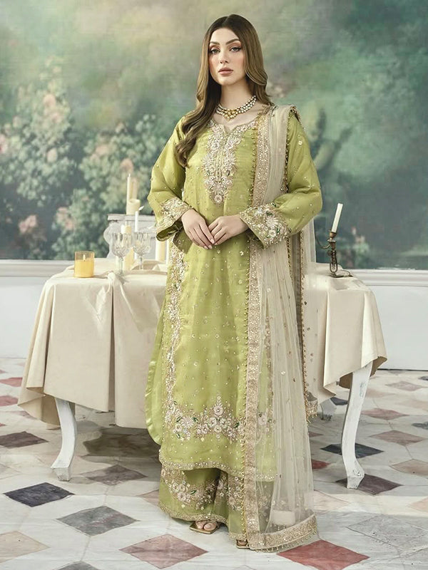 Pista Green Embroidery Sequence Work Jimmy Choo Kurti Plazzo With Dupatta