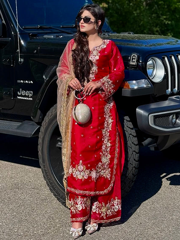 Red Embroidery Sequence Work Jimmy Choo Kurti Plazzo With Dupatta