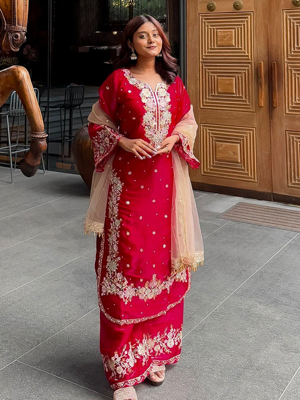 Red Embroidery Sequence Work Jimmy Choo Kurti Plazzo With Dupatta
