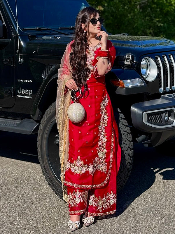 Red Embroidery Sequence Work Jimmy Choo Kurti Plazzo With Dupatta