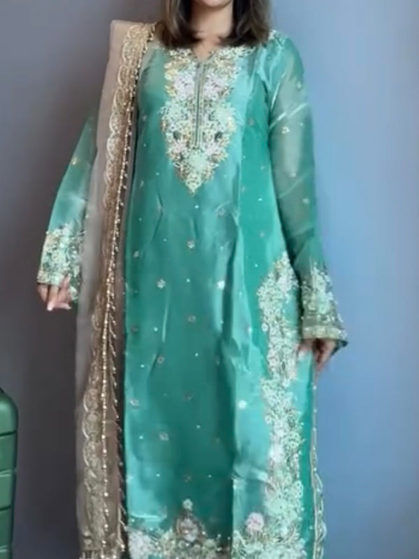 Sky Blue Embroidery Sequence Work Jimmy Choo Kurti Plazzo With Dupatta