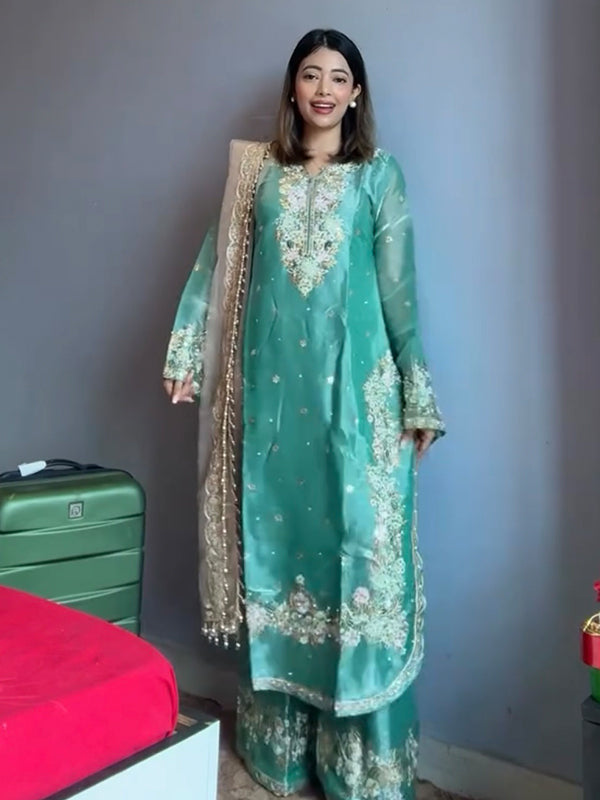 Sky Blue Embroidery Sequence Work Jimmy Choo Kurti Plazzo With Dupatta