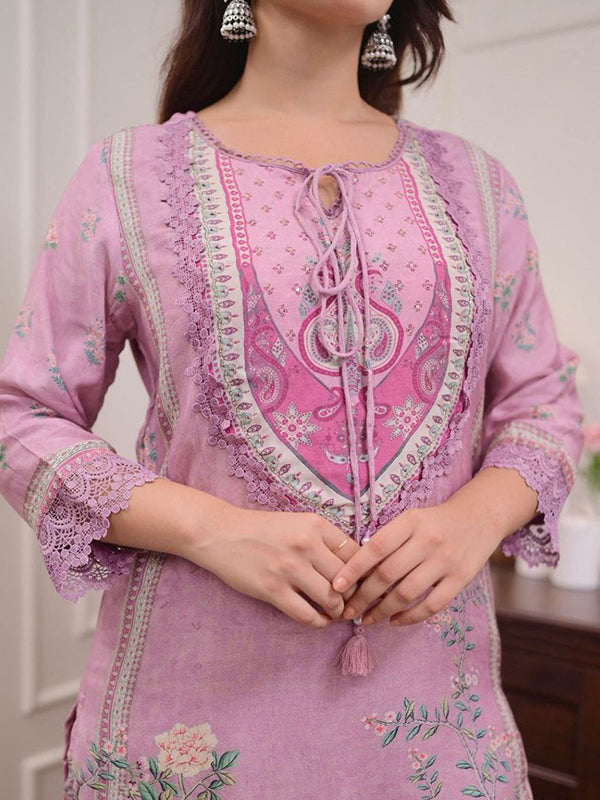 Lilac Printed Pure Muslin Kurti Set With Dupatta
