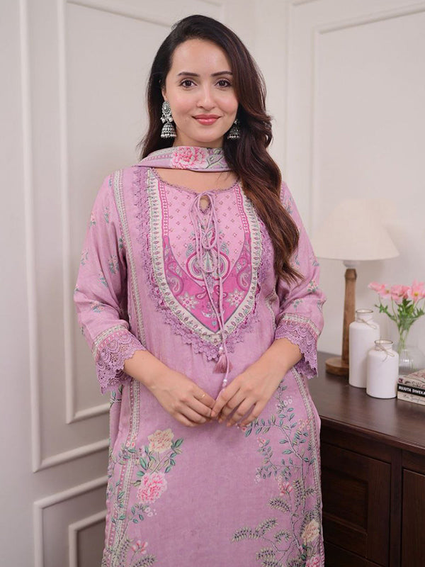 Lilac Printed Pure Muslin Kurti Set With Dupatta