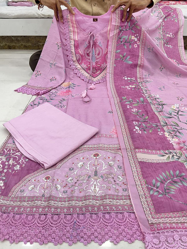 Lilac Printed Pure Muslin Kurti Set With Dupatta
