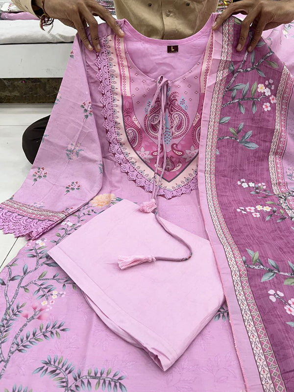 Lilac Printed Pure Muslin Kurti Set With Dupatta