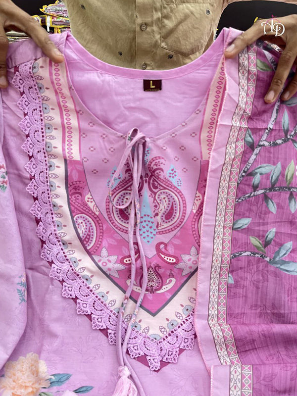 Lilac Printed Pure Muslin Kurti Set With Dupatta