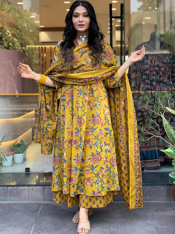 Mustard Cotton A-line Kurti Pant With Dupatta