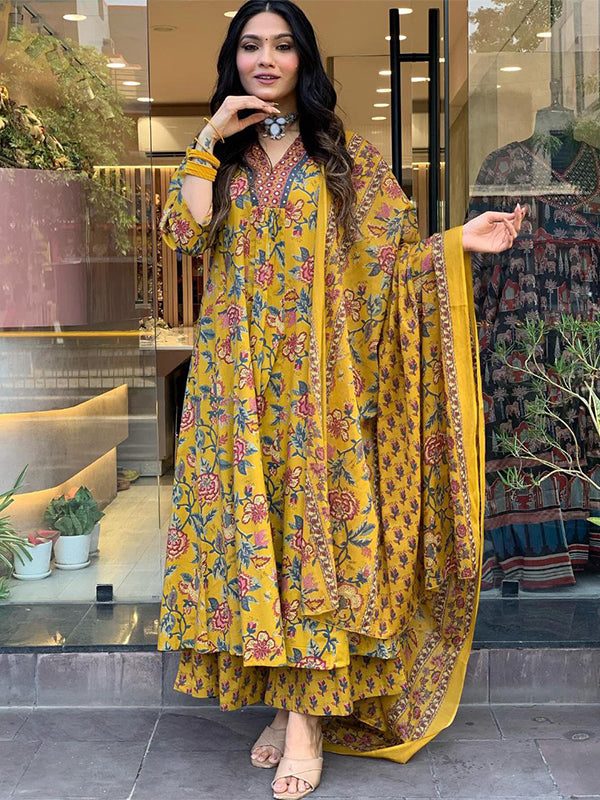 Mustard Cotton A-line Kurti Pant With Dupatta