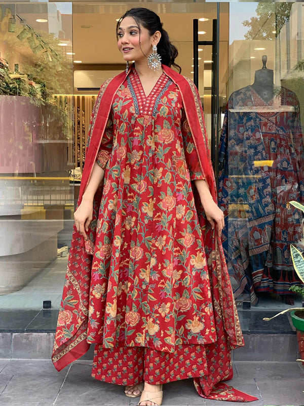 Red Cotton A-line Kurti Pant With Dupatta