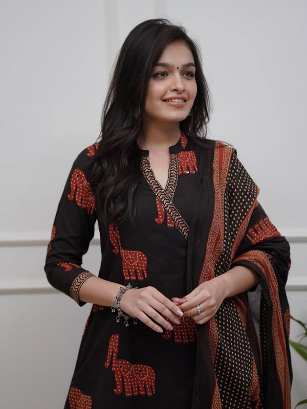 Black Angrakha Style Printed Kurti Pant Set With Dupatta