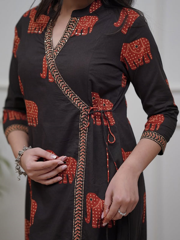 Black Angrakha Style Printed Kurti Pant Set With Dupatta
