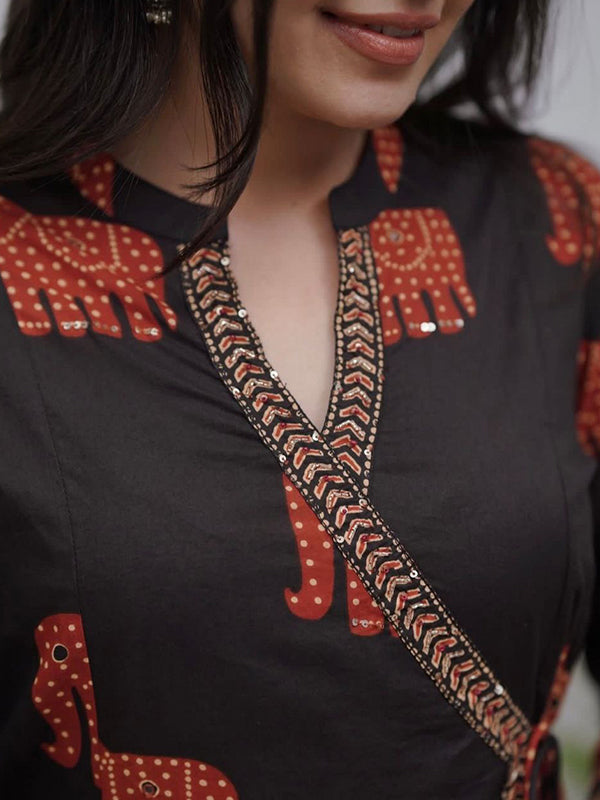 Black Angrakha Style Printed Kurti Pant Set With Dupatta