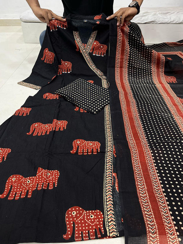 Black Angrakha Style Printed Kurti Pant Set With Dupatta