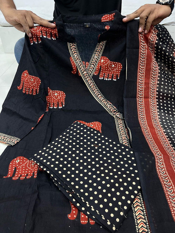 Black Angrakha Style Printed Kurti Pant Set With Dupatta