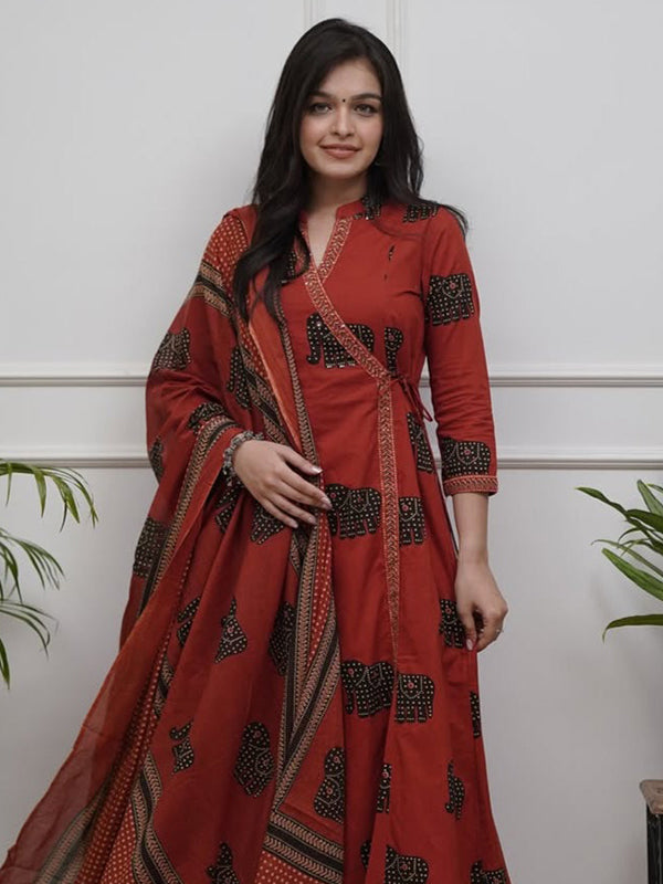 Maroon Angrakha Style Printed Kurti Pant Set With Dupatta