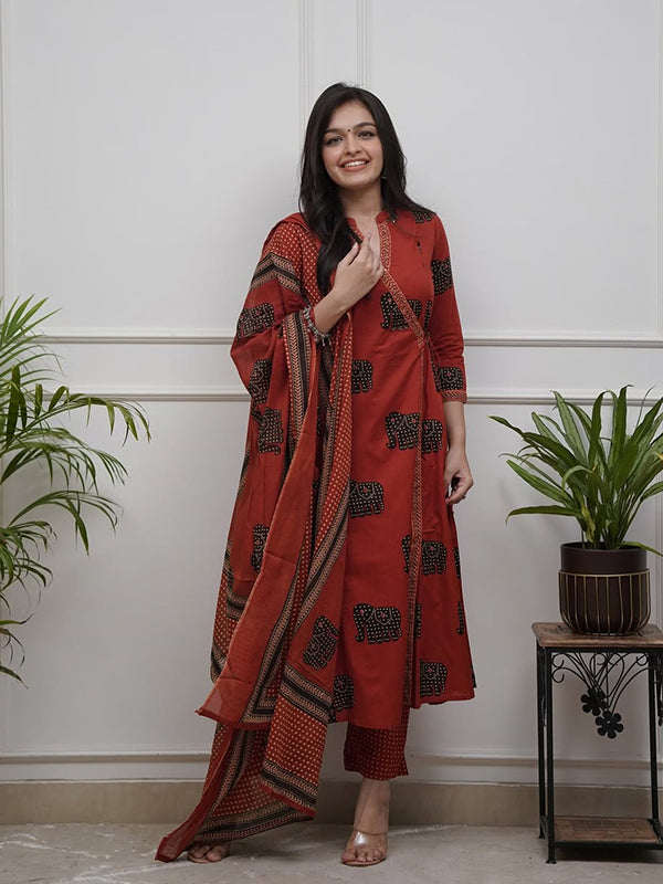 Maroon Angrakha Style Printed Kurti Pant Set With Dupatta