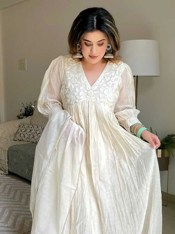 Off-White Embroidered Chanderi Silk Anarkali Gown With Dupatta