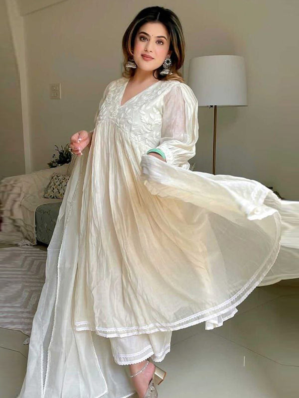 Off-White Embroidered Chanderi Silk Anarkali Gown With Dupatta