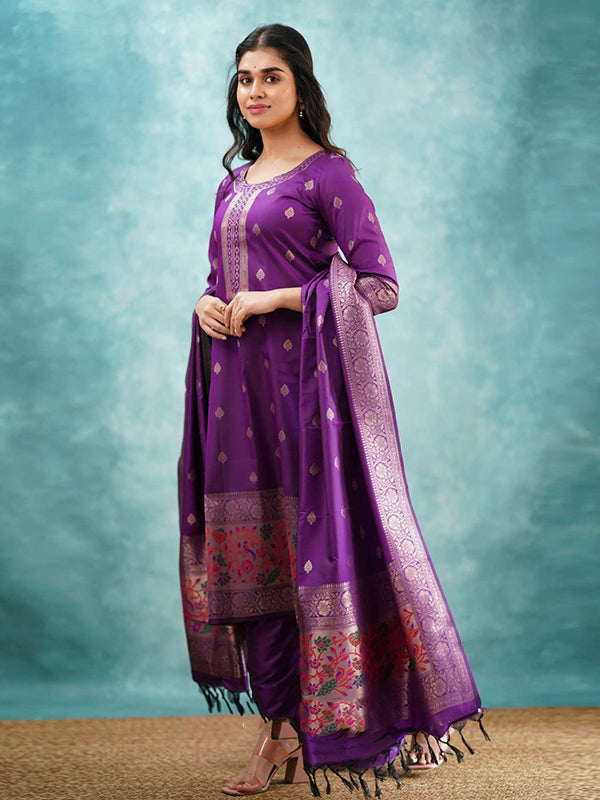 Purple Paithani Silk Kurti Pant With Dupatta