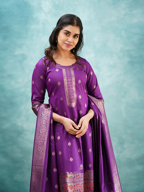 Purple Paithani Silk Kurti Pant With Dupatta