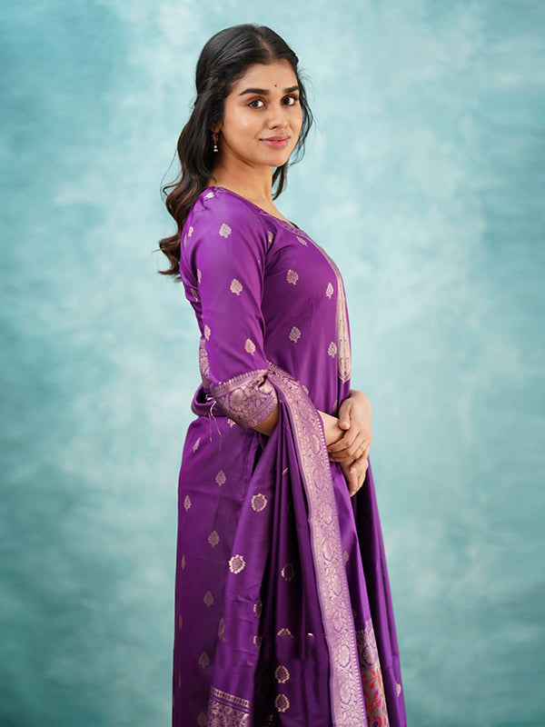 Purple Paithani Silk Kurti Pant With Dupatta