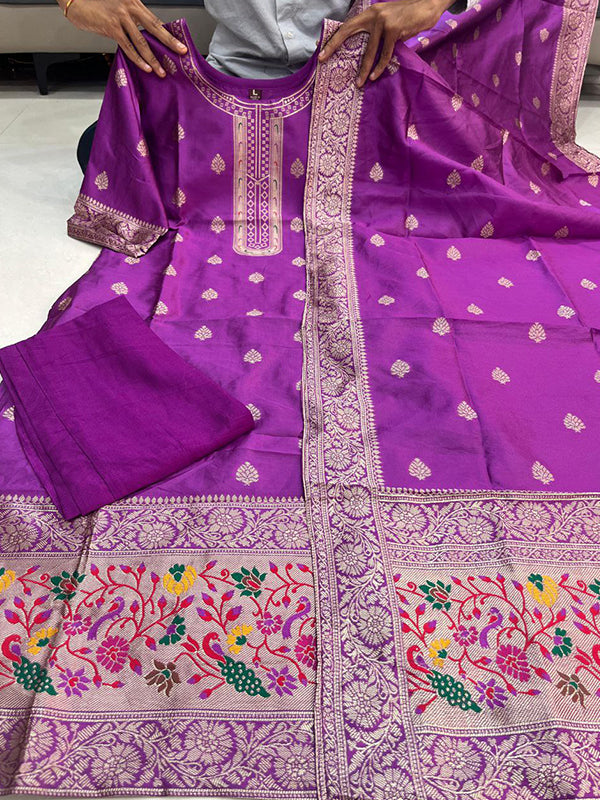 Purple Paithani Silk Kurti Pant With Dupatta