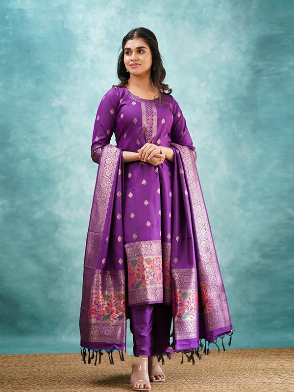Purple Paithani Silk Kurti Pant With Dupatta