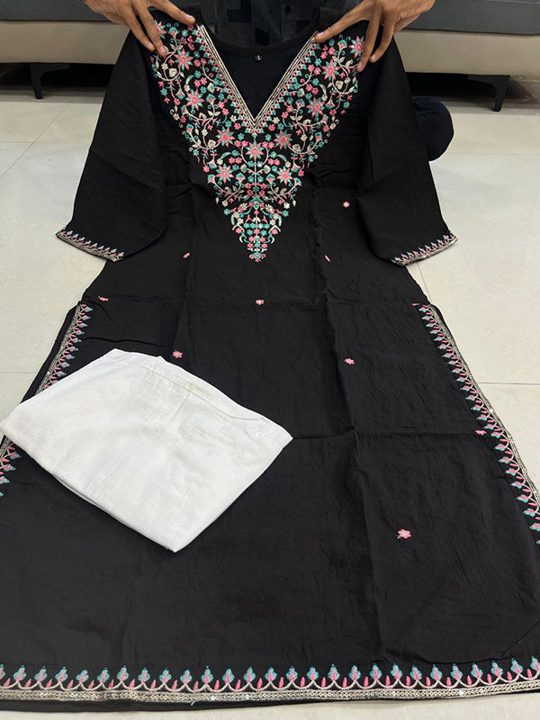 Black Banana Silk Embroidered Neck Kurti Pant Set