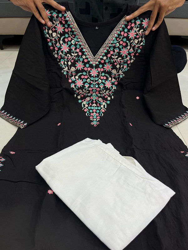 Black Banana Silk Embroidered Neck Kurti Pant Set