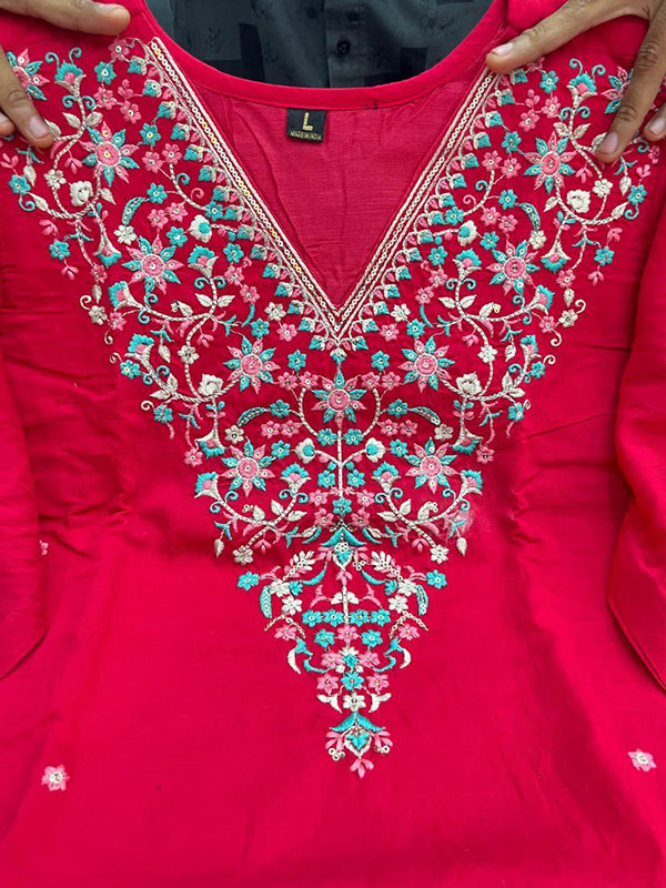Pink Banana Silk Embroidered Neck Kurti Pant Set