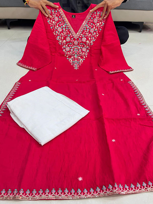 Pink Banana Silk Embroidered Neck Kurti Pant Set