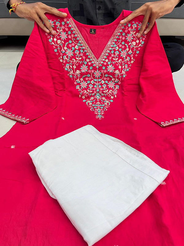 Pink Banana Silk Embroidered Neck Kurti Pant Set