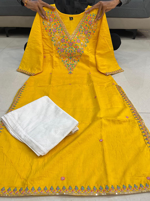 Yellow Banana Silk Embroidered Neck Kurti Pant Set