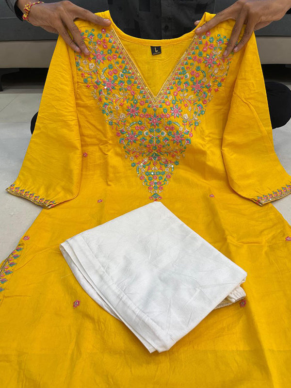 Yellow Banana Silk Embroidered Neck Kurti Pant Set